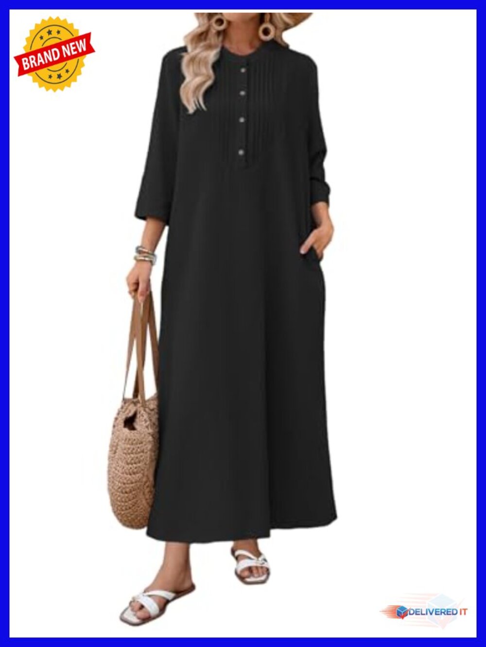100% Cotton Long Sleeve Maxi Caftan Dress Pockets Boho Beach